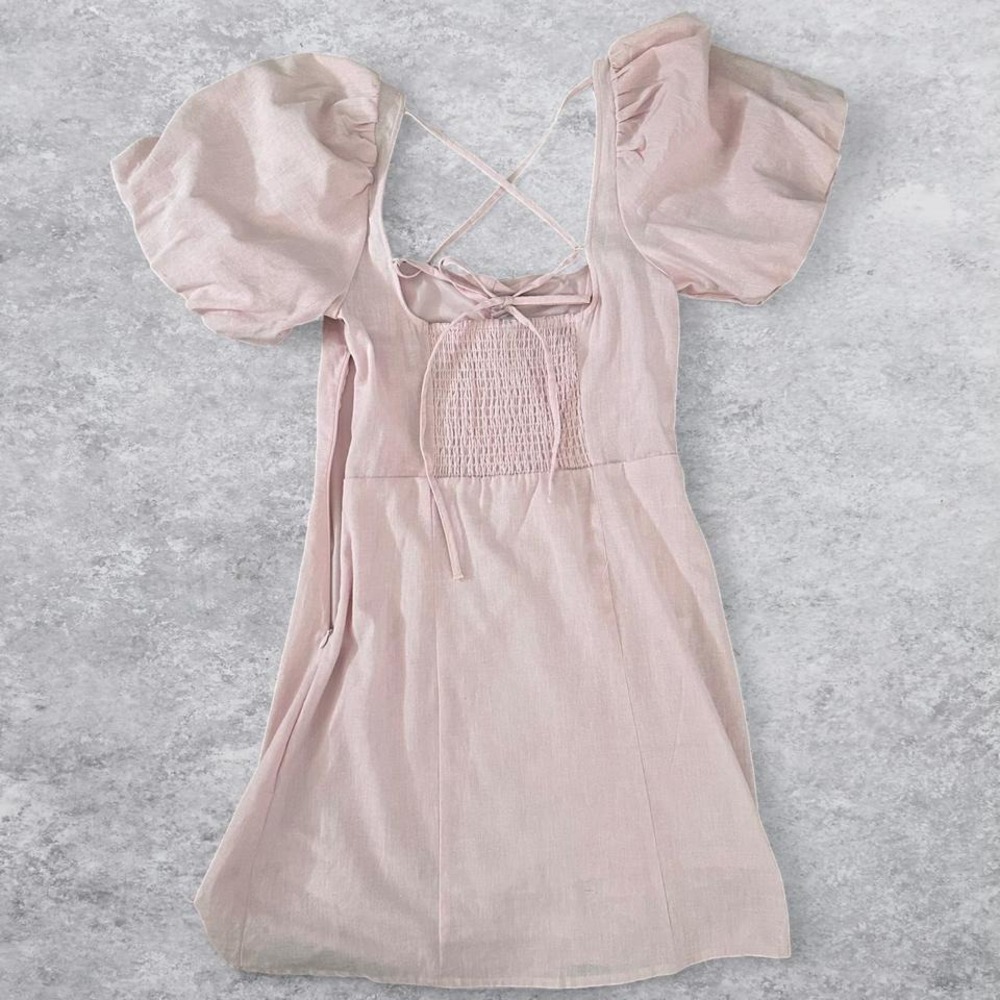 NWT H&M Pink Linen Blend Puff Sleeve Lace Up Back Mini Dress Cottagecore - Picture 4 of 8
